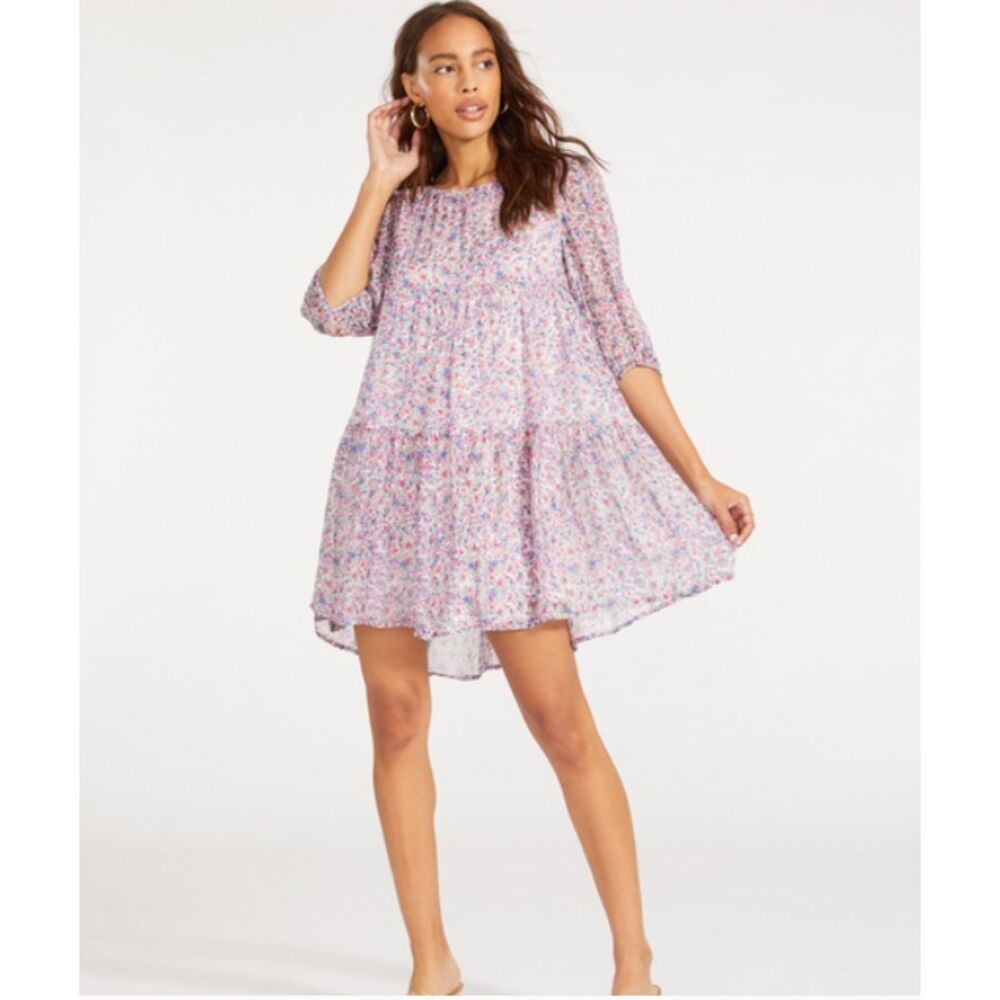 BB Dakota Steve Madden Free Spirit Floral Shift Dress Loose Fit Puff Sleeves S